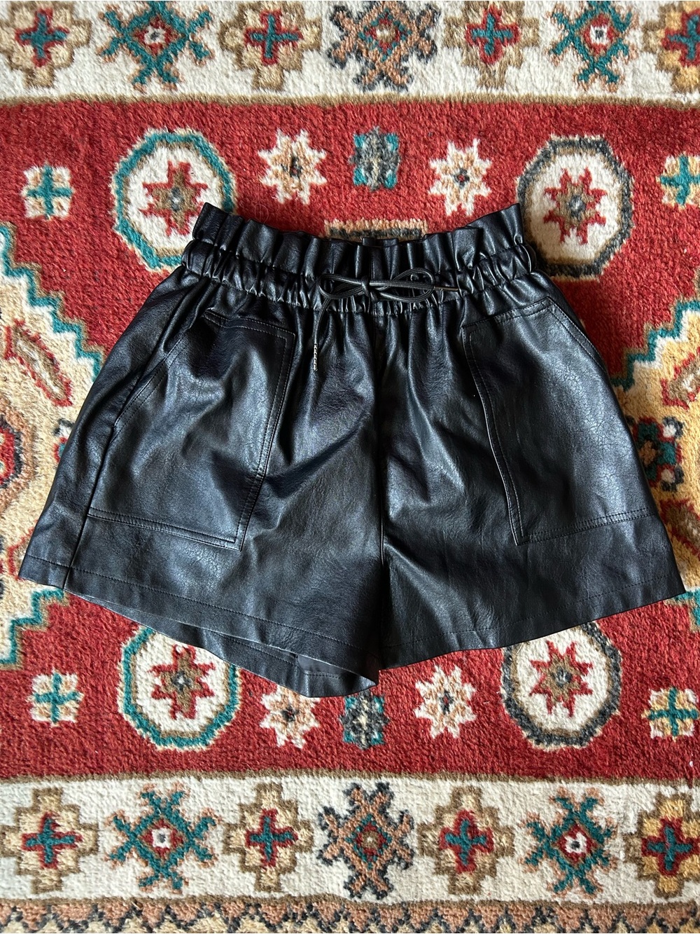 Black Faux Leather Paperbag Waist Women's Shorts